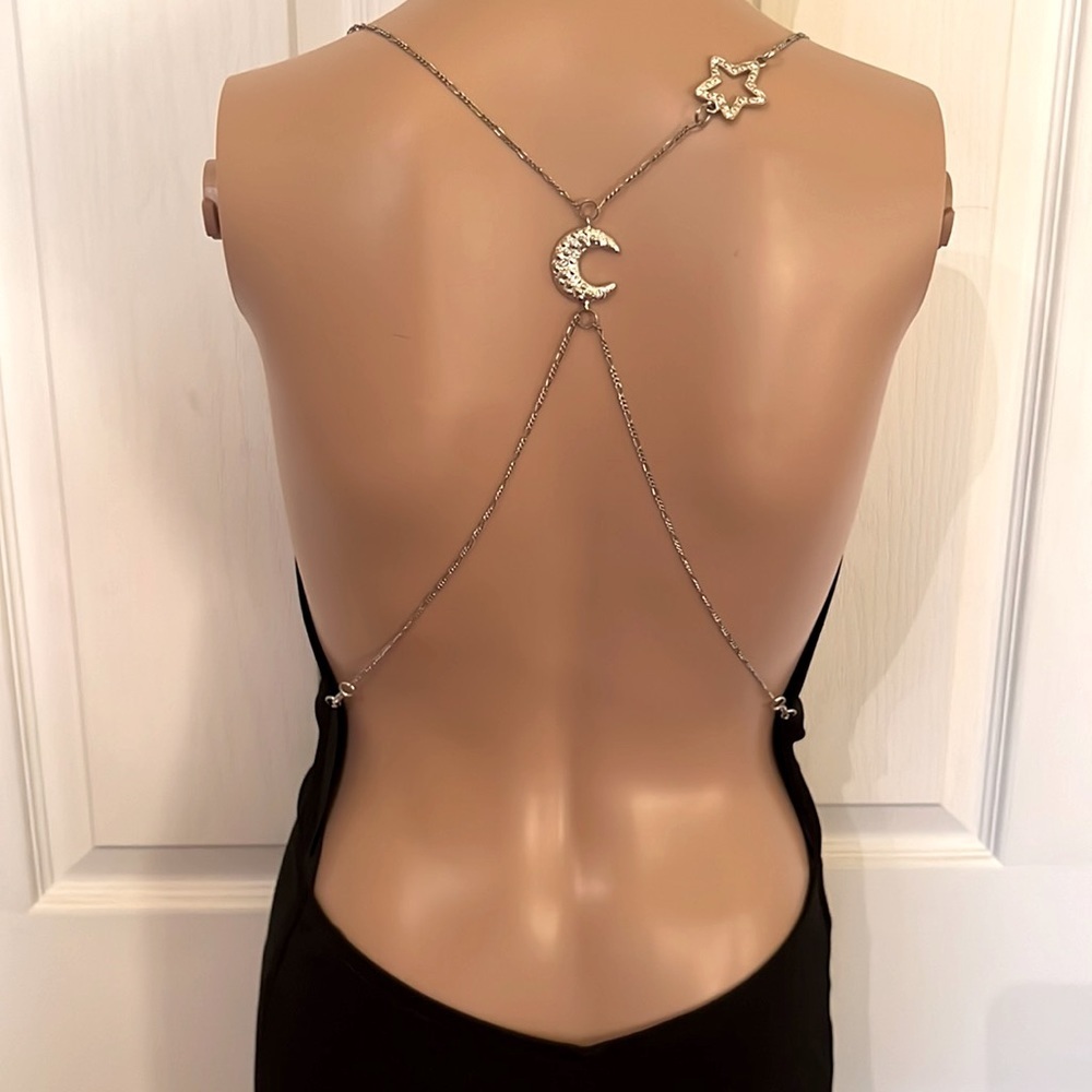 1001nights Black Backless Evening/Prom Dress With Chain Straps And Train Sz9/10